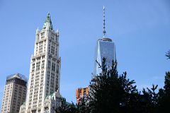 11-2 Woolworth Building And One World Trade Centre Close Up From New York City Hall Park In New York Financial District.jpg
